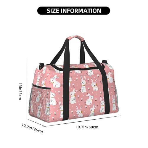 Cute White Rabbit print Large Canvas Travel Duffel Bag Weekender Bags for Women Overnight Bag Carry On Tote Bag4