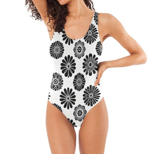 Traje de baño para mujer con siluetas florales negras y diseño de cintura delgada