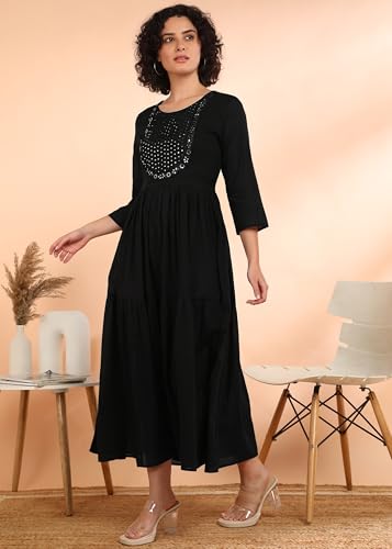Image of Maaesa Women Embroidered Cotton Flared Dress