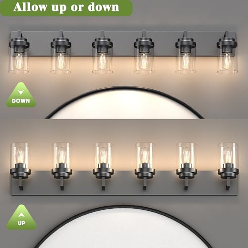 Image of Bathroom Vanity Light, 6 Light Bathroom Light Fixtures Over Mirror, Black Vanity Lights with Clear Glass Shade, Modern Bathroom Light Fixtures for Bedroom, Hallway