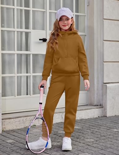 Image of Arshiner Girls 2 Piece Outfits Sweatsuit Half Zip Sweatshirt and Sweatpants | Fall Winter, Drop Shoulder Long Sleeve, Thumbhole Hoodies, with Sweatpant, Jogger Set, Sweat Set, Tracksuits with Pockets