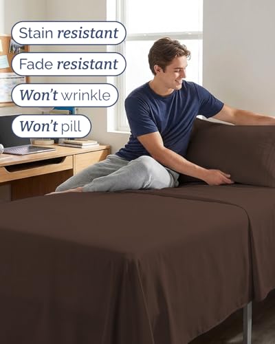 Image of Twin XL 4 Piece Sheet Set - College Dorm Room Essentials - Brown | Ultra Soft Dorm Bedding Set, 8 inch to 16 inch Inch Deep Pockets, 1 Flat & 1 Fitted Sheet & 2 Pillowcases, Wrinkle & Fade Free