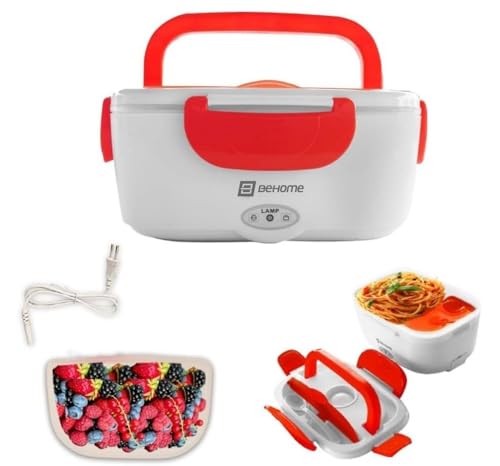 BEHOME Gamelle Chauffante Électrique Portable 40W, 2 Récipients Amovibles 1,5 Litre, Lunch Box chauffante pour Camion, Bebé, Ecole, Bureau (Rouge)