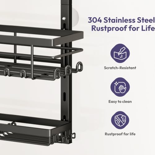 SWTYMIKI Over The Door Shower Caddy - 3 Tier Rustproof Hanging Shower Organizer with Adjustable Shelves, 28 Hooks & Soap Holder, Hanging Shower Rack Storage for Bathroom Accessories, Black by SWTYMIKI - Used condition - Image 5