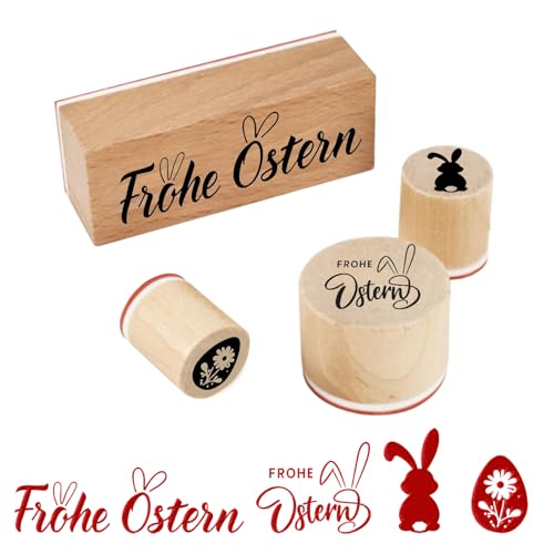4er Set Stempel Frohe Ostern, hochwertige Holz Motivstempel mit Osterhase und Eier Stempel Designs, ideal für Karten, Scrapbooking und DIY Osterdekoration