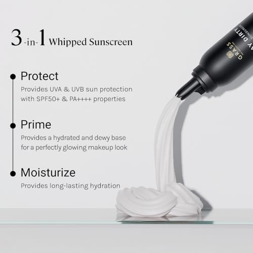 Image of Grass Play Dirty Whipped Sunscreen SPF 50 PA++++ | Non-Greasy, No White Cast Whipped Cream | Broad Spectrum & Blue Light Protection | 3-in-1 Sunscreen Moisturizer Primer | 75gm