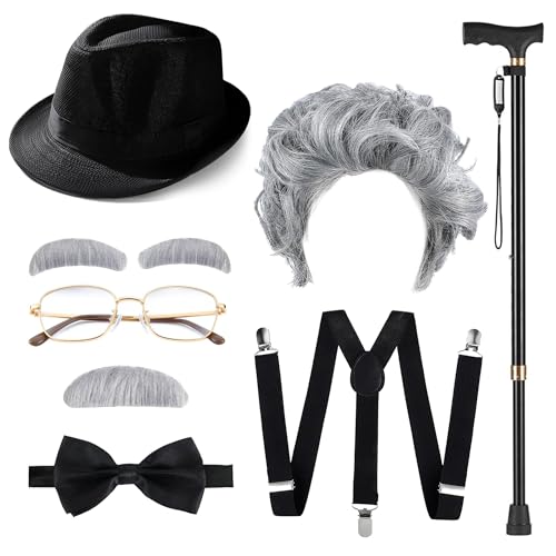 Gevidoxl Old Man Costume Grandpa Accessories Old Men Hat Wig Outfit for Men with Eyebrows Beard Bow Tie Suspender Glasses and Cane