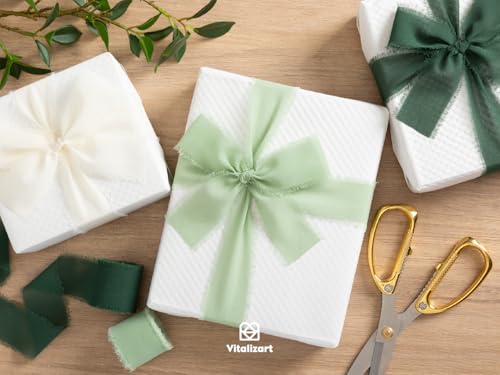 Vitalizart Chiffon Silky Ribbon 3 Rolls 1.5'' x 7 Yd Green & Cream - Image 4