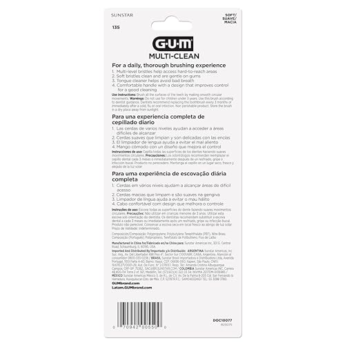 Image of GUM Multi-Clean Toothbrush, Soft Multi-Level Bristles, Medium Head, 4 Count (Pack of 3)