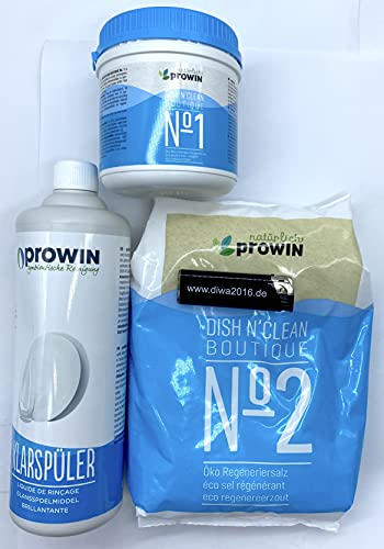 Prowin'sauberes Geschirr' - Klarspüler 1 Liter + Geschirrspülpulver No. 1-500 gr. +Regeneriersalz 2kg + DiWa Feuerzeug