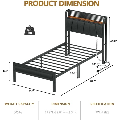 Image of Furnulem Twin Bed Frame with LED Light and Charging Station, Grey Upholstered Storage Headboard with Shelf, Metal Platform Bed with Heavy Duty Slats, No Box Spring Needed, Noise Free & Easy Assembly