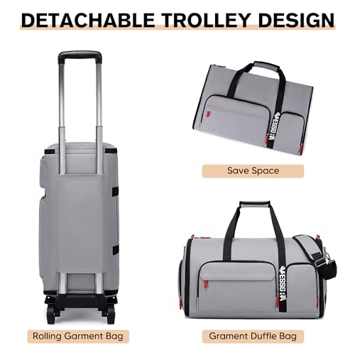 Rolling Garment Bags for Travel, Garment Bag with Wheels, Convertible Garment Duffel bag, Carry On Garment Bag with Shoe Compartment, Rolling Duffel Bag with Detachable Trolley System-Grey2