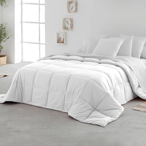 Edredon Relleno Nordico Individual Tacto Pluma. Blanco Acolchado Cuadros Liso. Suave Comodo Ligero. Diseño y Calidad. 400 gr. 150x220 cm Cama 90 cm