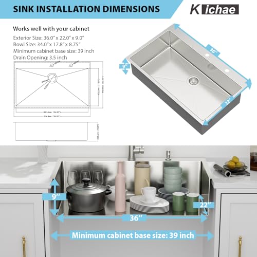 Image of Kichae 36 Drop In Kitchen Sink - Stainless Steel Sinks 36 x 22 Inch Topmount Overmount Single Bowl Handmade Basin with Accessories
