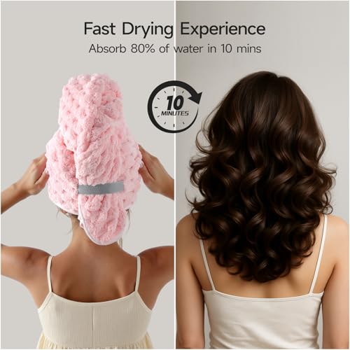 Image of REDKISS 2 Pack Microfiber Hair Towels - Extra Large Hair Towel Wrap for Women, 24x42 inch Pink Hair Towels with Elastic Strap, Super Soft Blue Hair Drying Towels Curly Anti Frizz Turbans