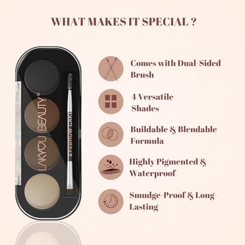 Image of Lakyou Beauty 4 in 1 Eyebrow Palette for Women & Girls | Eyebrow Powder Cake with Dual-Sided Angled Brush & Spoolie | Natural Shades | Water Resistant | Long Lasting & Blendable Brow Makeup | 4g