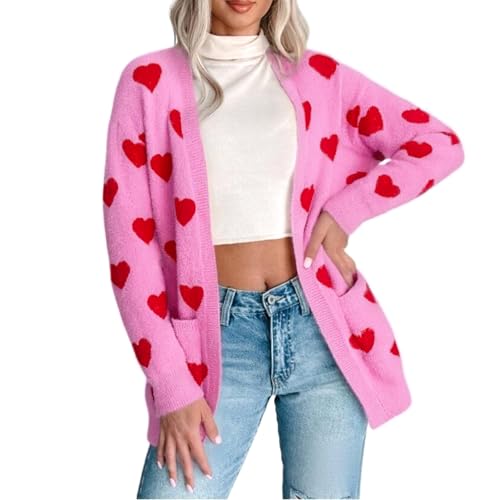 Women's Heart Knit Cardigan Valentines Long Sleeve Open Front Knitted