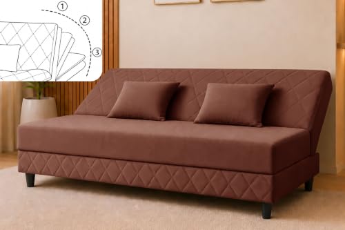 Image of Velvet Fabric Sofa Cum Bed | 3 Seater Sofa Bed | Premium Upholstered Folding Couch for Living Room, Guest Room & Bedroom | Quilted Backrest with 2 Cushions (Brown)