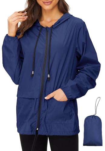 Zando Womens Plus Size Rain Jacket with Hood - Packable Raincoat for Women Lightweight Rain Jacket Women Waterproof Windproof Windbreaker for Outdoor Travel Hiking Commute Walk Gifts Solid Navy 3XL