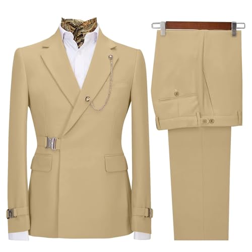 Men's Suit for Wedding 2 Piece Slim Fit Suits for Men Business Casual Tuxedo Suit Double Breasted Suits for Men for Prom Champagne 44
