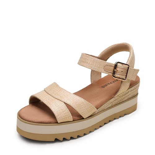 DREAM PAIRS Keilsandalen für Damen Espadrille-Plateausandalen mit offener Zehenpartie Knöchelriemchen und niedrigem Keilabsatz Bequeme Sommer Sandalen Size 39 Natürlich SDWS26012W