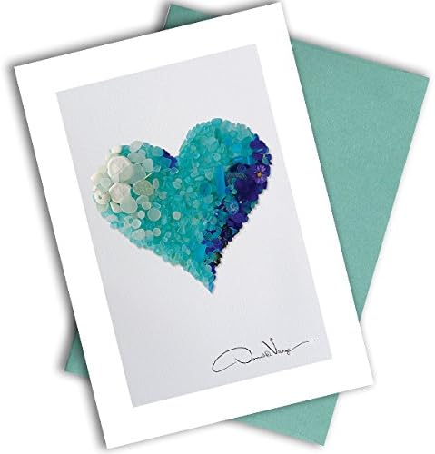 Single Aqua Sea Glass Heart Note Card. 3x5 Blank Card with Classy Envelope. Best Birthday Cards, Thank You Notes & Invitations. Unique Christmas, Mother's Day & Valentines Gifts for Women