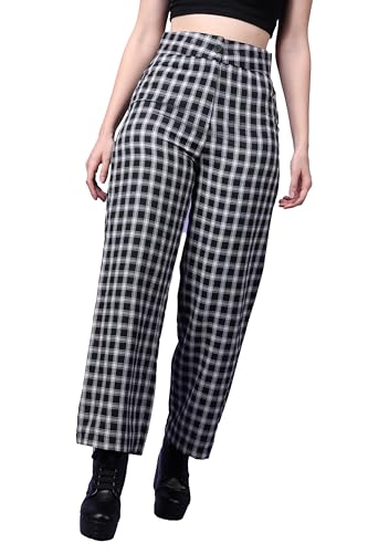 Image of POPWINGS Casual Check Print Button and Zip Closure Trouser for Women | Western Wide-Leg Trouser for Women | Summer Trousers for Women | Comfortable Semi-Formal Work Trouser for Women