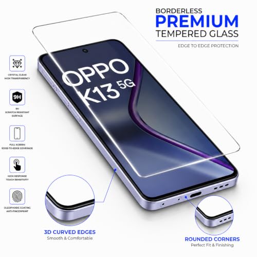 Image of ArmourPro 3D Borderless Tempered Glass for Oppo K13, HD Clear Curved Edge to Edge Screen Protector, 9H Hardness, Oleophobic Coating, Case Friendly | Pack of 1