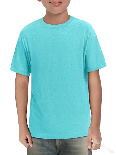 Haloumoning Boys' T-Shirt Summer Short-Sleeved Tops Children's Round Neck Plain Lightweight Shirts Casual Sports Basic Tops 5-14 Years, Mint Green, 5-6 Years