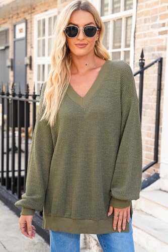 Dokotoo Women's V Neck Long Sleeve Waffle Knit Tops Off Shoulder Oversized Pullover Sweater3