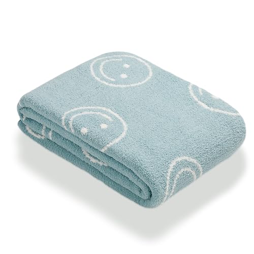 Image of Throw Blankets with Smiley Faces Soft Cozy Warm Blanket for Bed Sofa Travel (Smile,Lake Blue,51"x63")