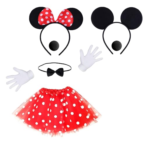 23GUANYI Minnie Maus Kostüm Damen, Karneval Kostüm Damen Weiß Gepunktet Roter Tüllrock mit Maus Ohren Haarreif Nase Handschuhe Fliege Mini Mouse...
