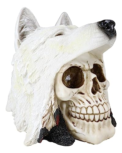 Ebros Indian Koitsenko Warrior Chief Lone Wolf Skull Statue Gothic Figurine Halloween Party Centerpiece Decorative (White Wolf)