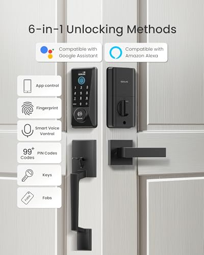 Image of DESLOC WiFi Fingerprint Keypad Door Lock D110 Plus with Handle Set, App | Front Door Lock Set with Fingerprint Unlock, Remote Access, Voice Control, Visual Display, Backlit, IP54, Auto-Lock, Black