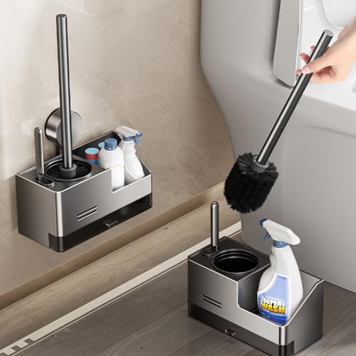 Image of Toilet Brush and Holder Set, Suction Cup Toilet Bowl Scrubber with Drip Tray, Wall Mounted Bathroom Cleaners Brush Shelf, Apartment RV Dormitory Camper Spring Cleaning Essentials Gadgets