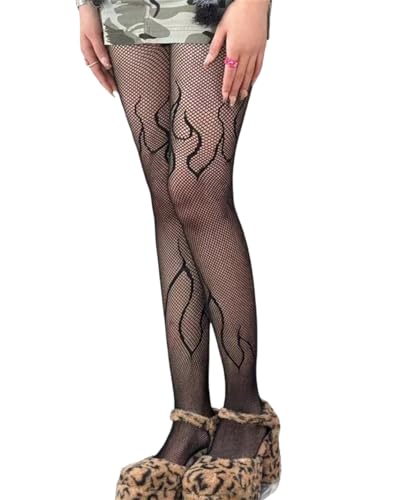 Image of Mrotrida Women's Fire Patterned Fishnet Tights Sexy Elastic Blaze Pantyhose Leggings Fire Mesh Stockings