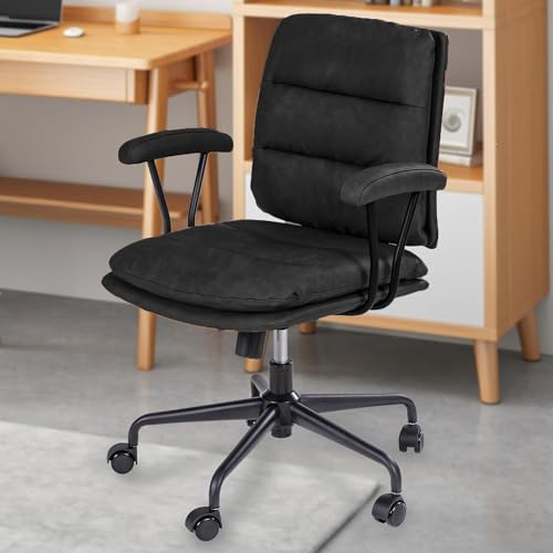 Black PU Leather Office Chair with Wheels, Adjustable Swivel Chair for Home and Office, Lumbar Support, Removable Armrests, Small Spaces