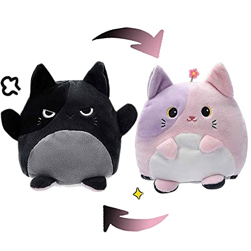 Reverisible Plush Toy, Mini Reverisible Cat Plushie, Double-Sided Stuffed Animal Plush, Happy to Angry, Pink to Black, Gifts for Kids/Birthday/Valentines, Show Your Mood in A Fun Way