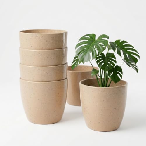 Image of YUCCABE ITALIA SHERA Stella 4 Inch Pack of 3 Piece Plastic Plant Pot for Home Decor Indoor Plant Pots for Living Room Plastic Flower Pot for Garden (Stone Beige, 10 INCH - 6 Pcs)
