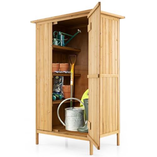 COSTWAY Gartenschrank Holz, Geräteschuppen mit Asphalt-Dach & 3 Regalen & 5 Haken, Gerätehaus mit Abschließbare Tür, Outdoor Gartenhaus für Hinterhof, Terrasse, 91 x 66 x 150 cm
