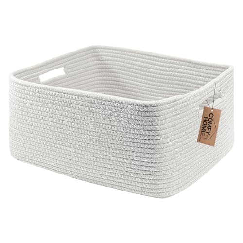COMFY-HOMI Cotton Rope Woven Basket with Handles for Shelves,Toys,Book, Cloth Storage Baskets Bin for Organizing- 1 PCSToy Decorative Organizer for Living Room, Bathroom 17" x 13" x 7.5"