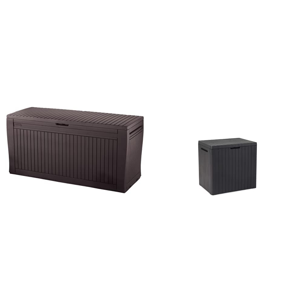 Keter City Box - Arcón exterior, Baúl almacenaje, Capacidad 113L, Resina, Color Gris & Comfy - Arcón exterior, Baúl almacenaje, Capacidad 270L, Resina, Color marrón, Ordenación