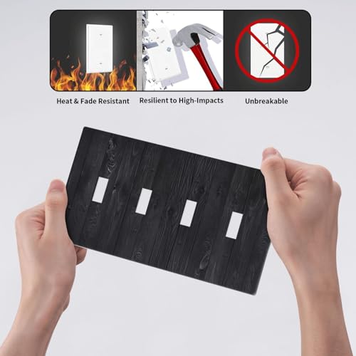 Decorative Switch Plate Covers Vintage Black Wood Plank Wooden Board 4 Gang Light Switch Cover Plate Quad Toggle Wall Plate Outlet Covers for Farmhouse Bedroom Home Decor