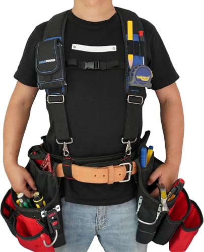 Image of MELOTOUGH Tool Belt Suspenders Construction Work Belt Suspenders with detachable phone holder comfortable foam shoulder padder (Blue)