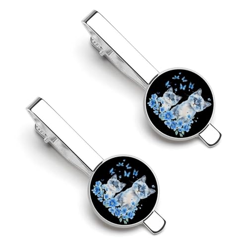 Watercolor Cats With Blue Flower Butterflies 1 Pair Tie Clips Necktie Bar Pinch Clip for Wedding Business