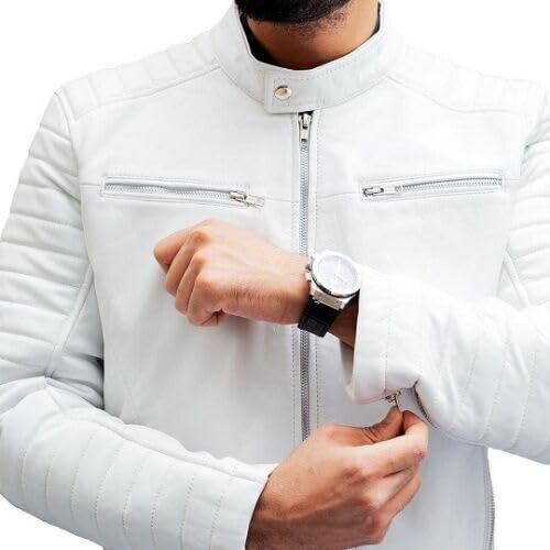 Men's White Biker Leather Jacket | Genuine Lambskin Leather | Motorcycle Caferacer Jacket2