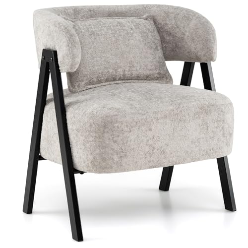 COSTWAY Butaca de Salón Tapizado en Imitación Conejo Suave, Sillón con Cojín Lumbar y Patas de Metal, Silla Estilo Escandinavo para Lectura, Sofá Individual de Ocio para Salón, Dormitorio (Gris)