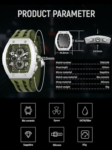 Image of TSAR BOMBA Mens Luxury Watch Watches for Men 50M Waterproof Japanese Quartz Movement Tonneau Stainless Steel Case Sapphire Glass with Chronograph Date Function Cool Unique Fashion Gift