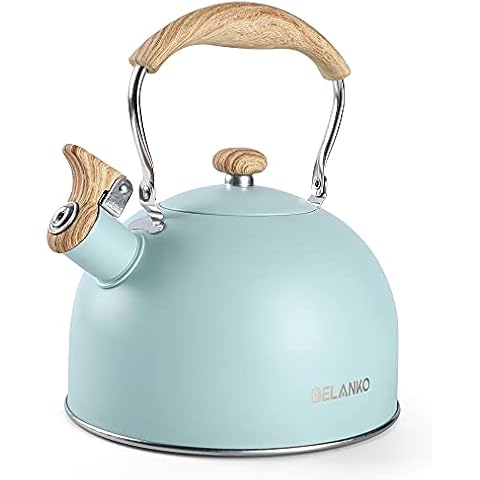 Tea Kettle, BELANKO 85 OZ / 2.5 Liter Whistling Tea Kettle, Tea Pots for Stove Top Food Grade Stainless Steel with Wood Pattern Folding Handle, Loud Whistle Kettle for Tea, Coffee, Milk - Turquoise Cover