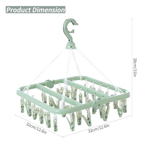 Rainfordhoma Clothes Drying Rack with 32 Clips, Foldable Hanging Rack, 360° Rotatable Hook for Drying Socks Baby Clothes Towels Gloves(Light Green) - Thumbnail 3